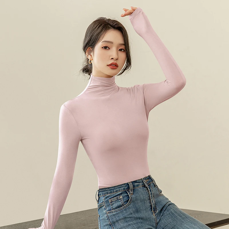 黑色高领打底衫女春秋内搭莫代尔堆堆领紧身薄款秋冬长袖t恤上衣