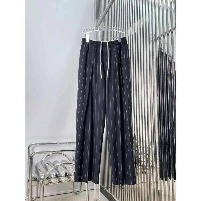 陈丽君同款 时尚抽绳条纹西裤 松紧腰宽松休闲裤