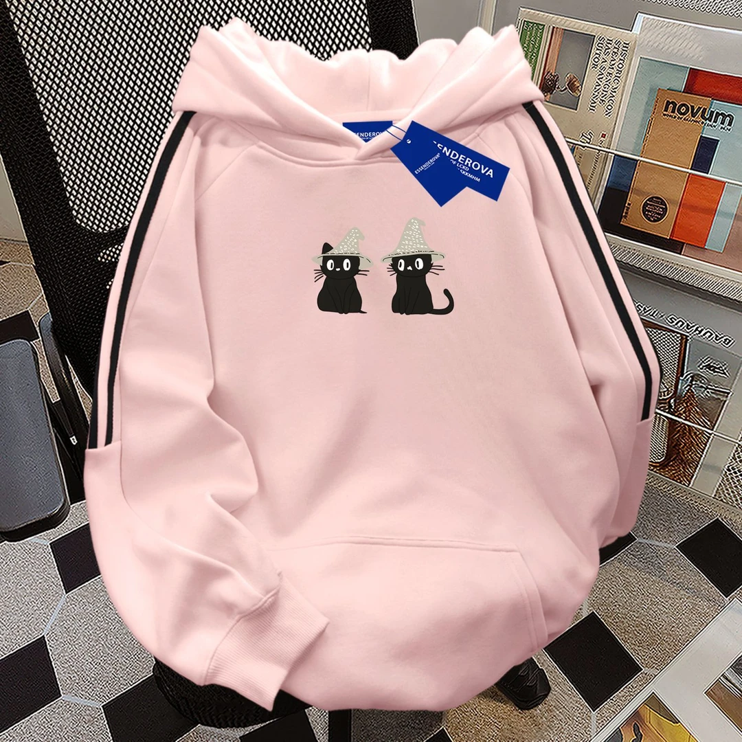 可爱简约秋冬季校园风高街连帽卫衣女加绒加厚宽松三条杠显瘦上衣