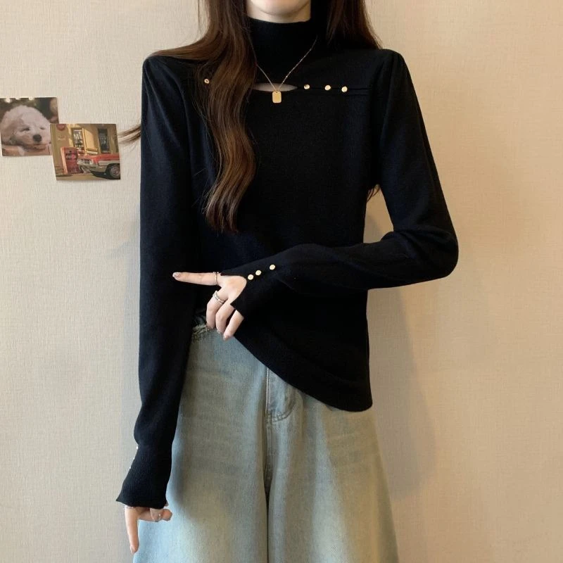 大码设计感半高领镂空正肩长袖针织衫女秋冬胖mm显mm半高领打底衫