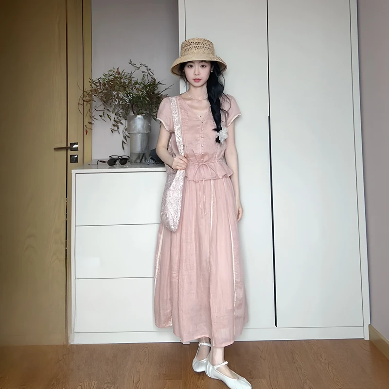 法式温柔短袖上衣收腰显瘦半身裙两件套女2025夏新款小众减龄套装