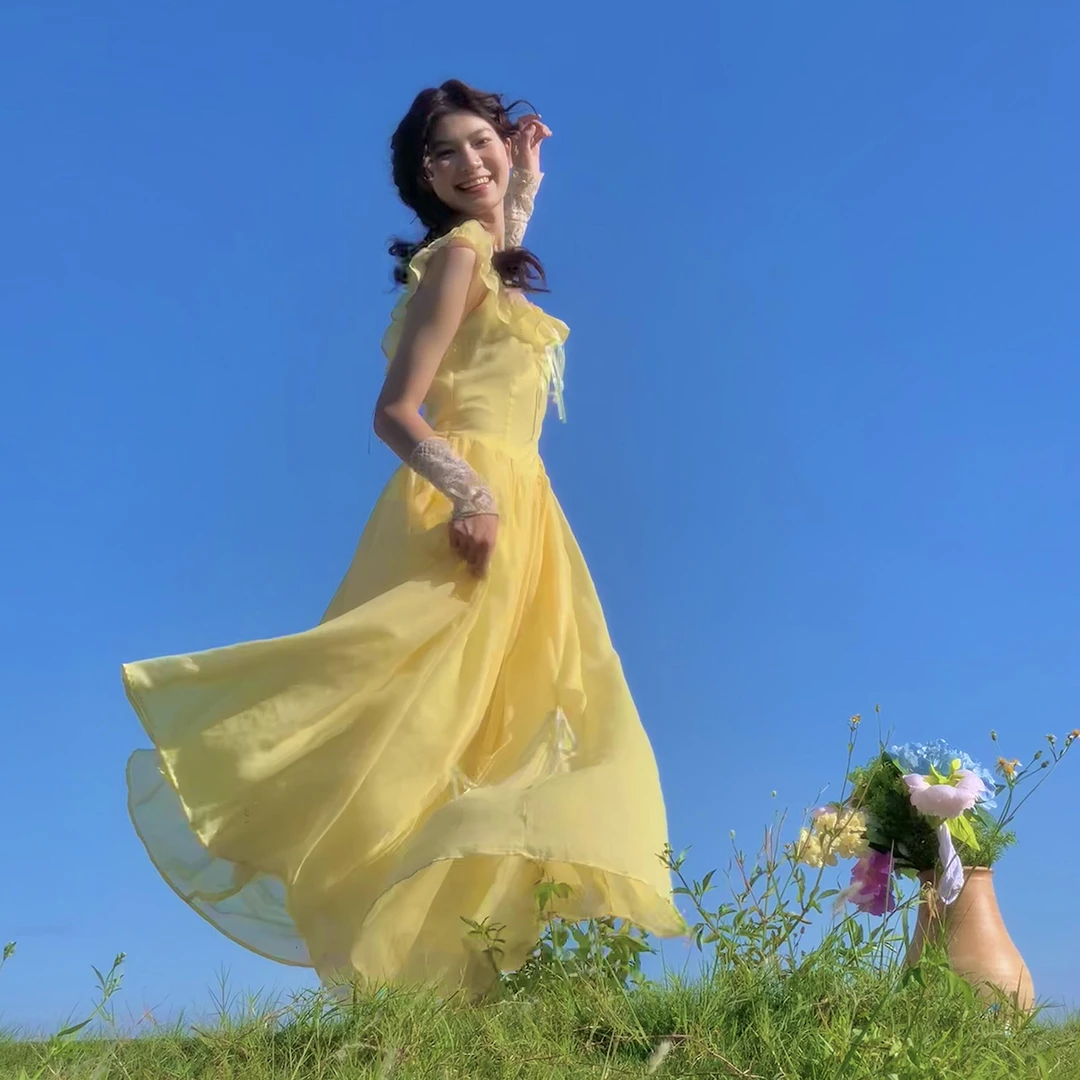 超仙女巨好看黄色连衣裙2025新款女独特漂亮绝美小个子长裙5206