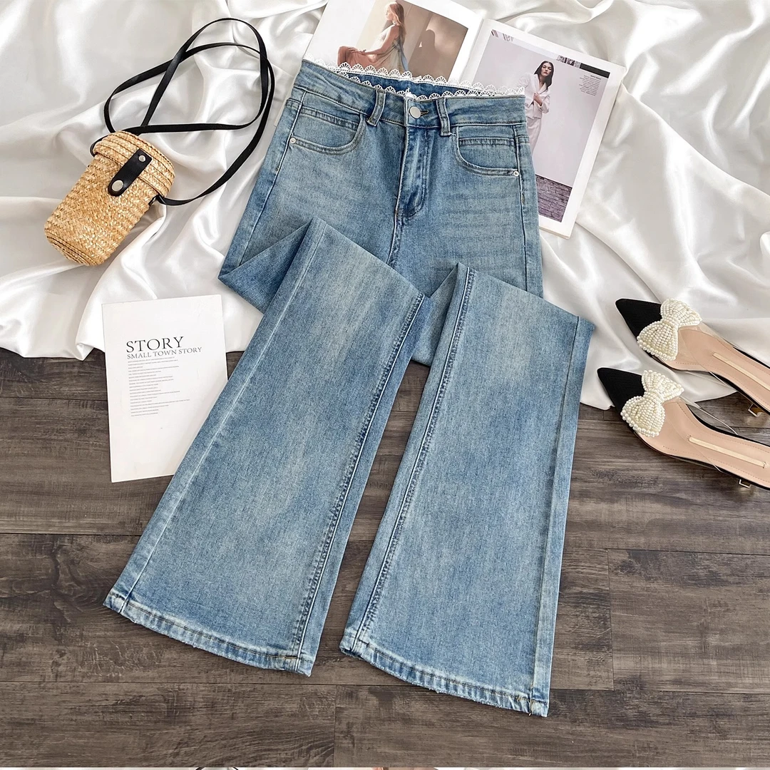 上身惊艳！很是显瘦！浅蓝色微喇牛仔裤女秋季薄款小个子喇叭裤子