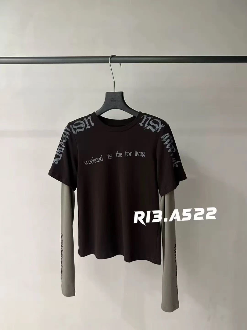 R13正品早秋新款 袖子假两件拼接咖色长袖T恤女