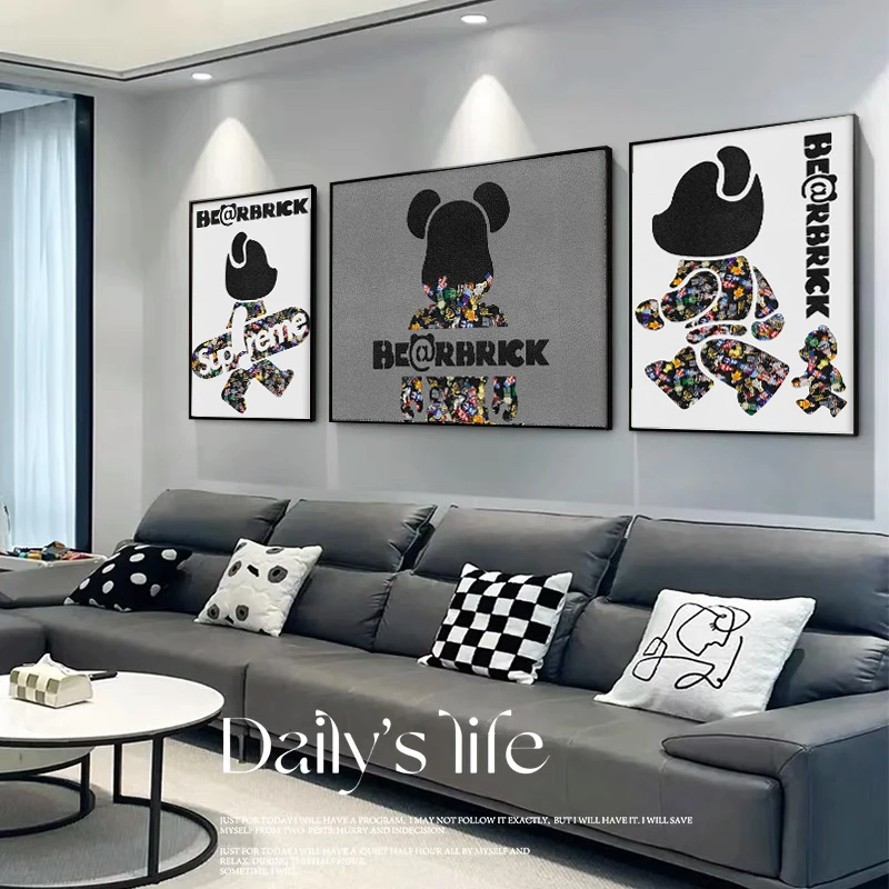 BE@RBRICK出口暴力熊手工积木画客厅沙发背景墙装饰画卧室三联画