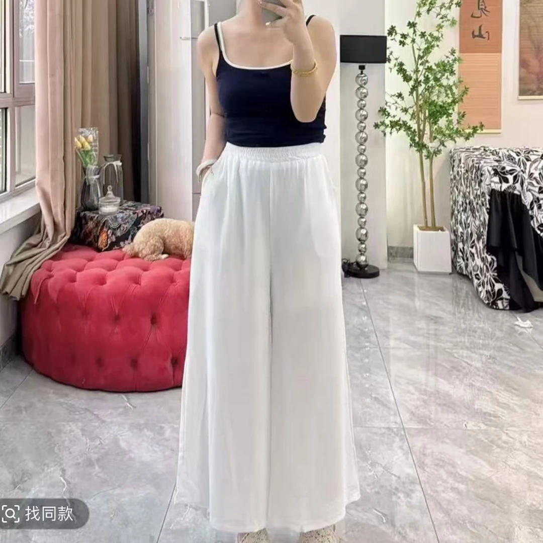 新中式飘逸冰丝九分阔腿裤双层春夏款大码松紧腰胖MM高腰裤裙-39