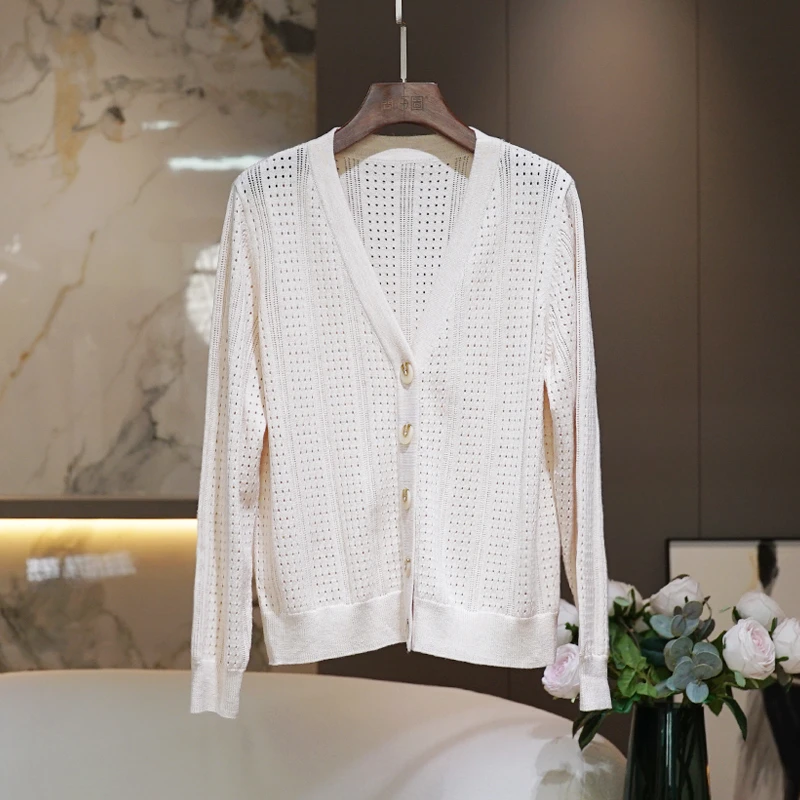 杏色针织衫女长袖2024秋季新款百搭休闲舒适V领镂空上衣女