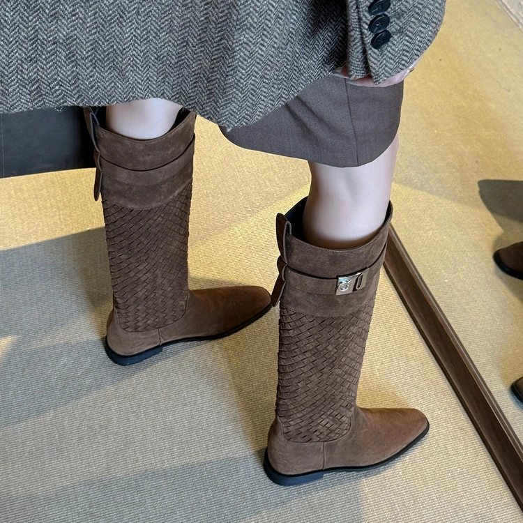 【奢品】法式气质锁扣编织长靴显瘦粗腿大筒围3cm内增高高筒骑士靴
