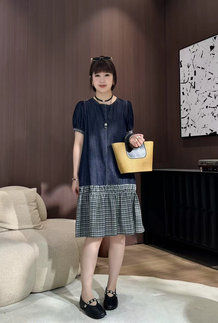 方和屿.宽松腰休闲通勤夏季短袖牛仔连衣裙女装拼接复古潮流2772