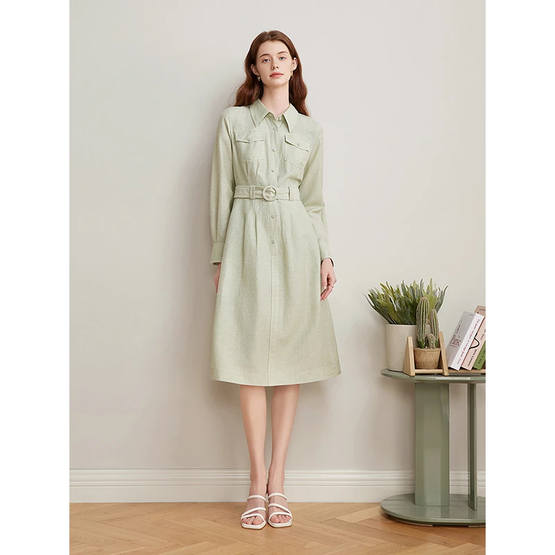 Goodland美地2025早秋简约气质牧场绿轻职场时尚连衣裙LC35105210