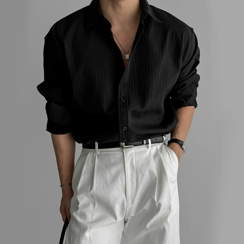 「苏梅南」黑色肌理感衬衫男长袖春季宽松衬衣韩系小众设计休闲外套