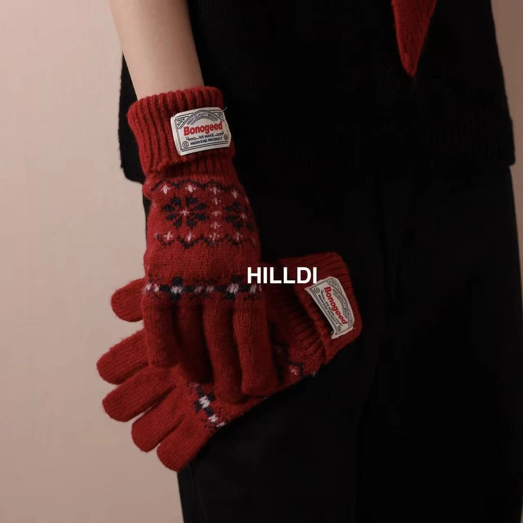 25秋冬新款费尔岛百搭加厚五指手套保暖学生时髦可玩手机款冬季