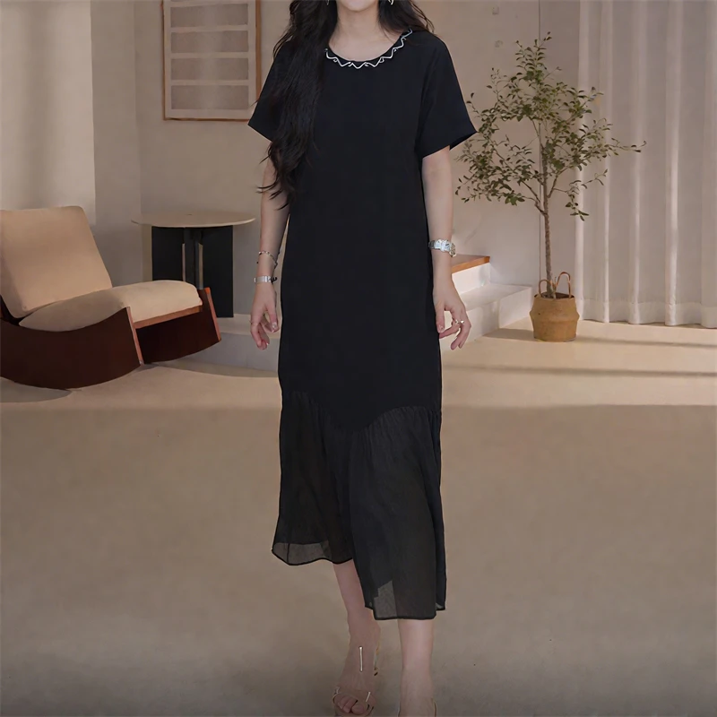 法式黑色网纱拼接连衣裙女2025夏季新款时尚显瘦洋气减龄百搭上衣