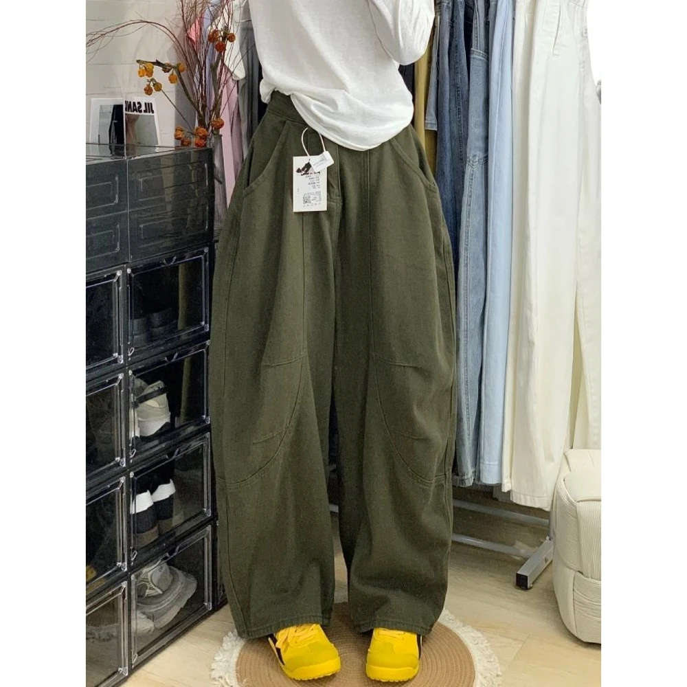 美式慵懒时尚橄榄绿弯刀牛仔裤女2025冬季新款阔腿镰刀香蕉长裤子