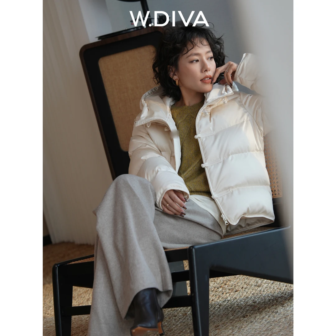 W.Diva【留白】桑蚕丝95鹅绒新中式盘扣连帽排骨鹅绒服54C093332