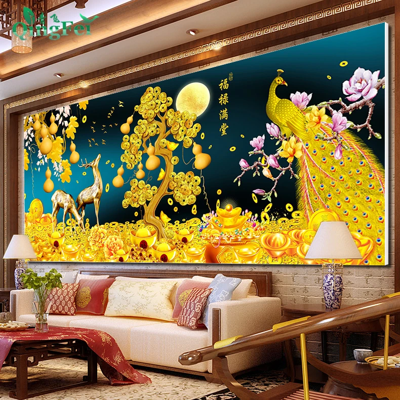 青飞精准印布福禄满堂黄金版十字绣招财麋鹿发财树客厅十字绣E340
