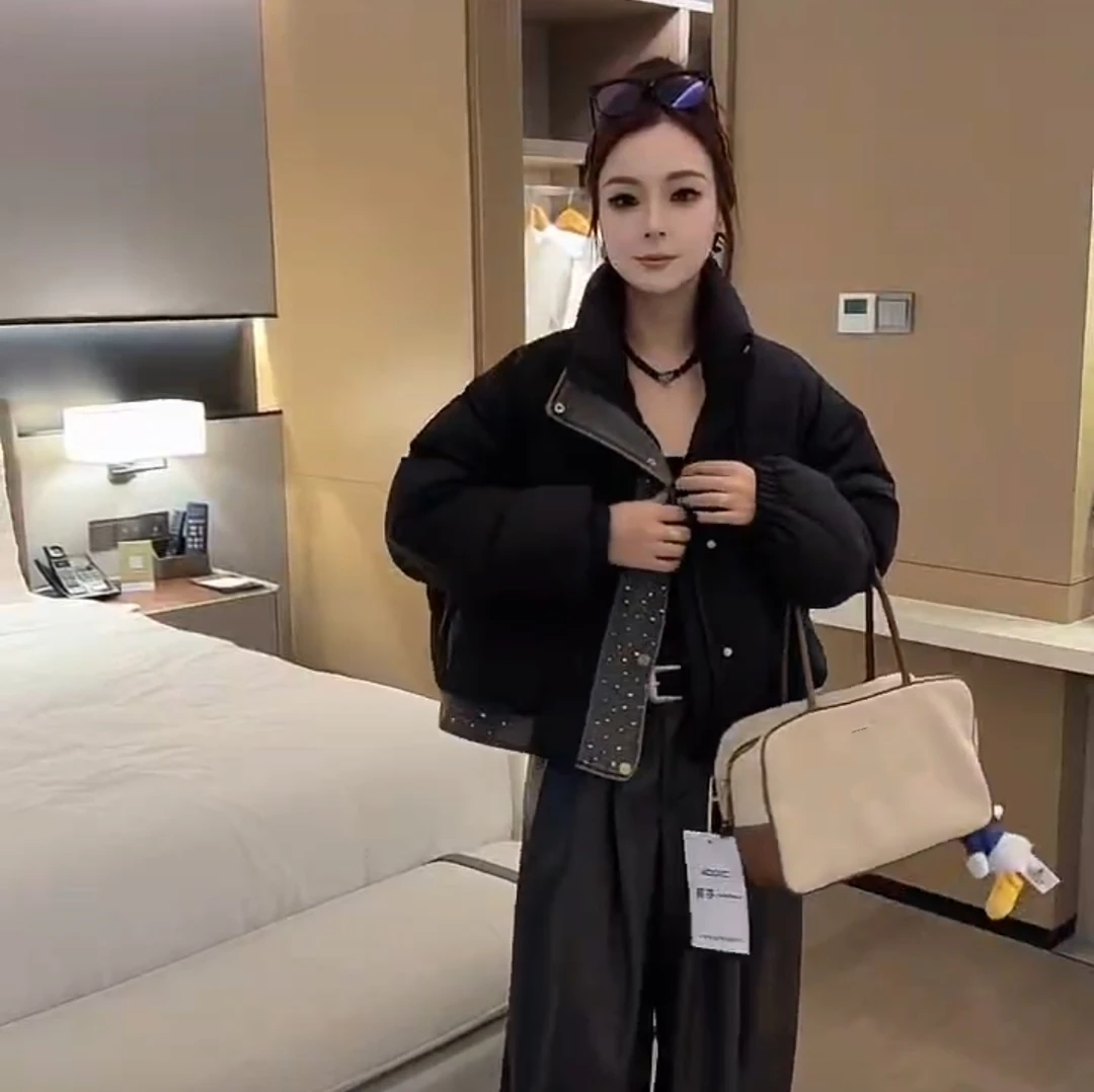 024牛仔钉钻拼接加绒加厚短款小个子外套