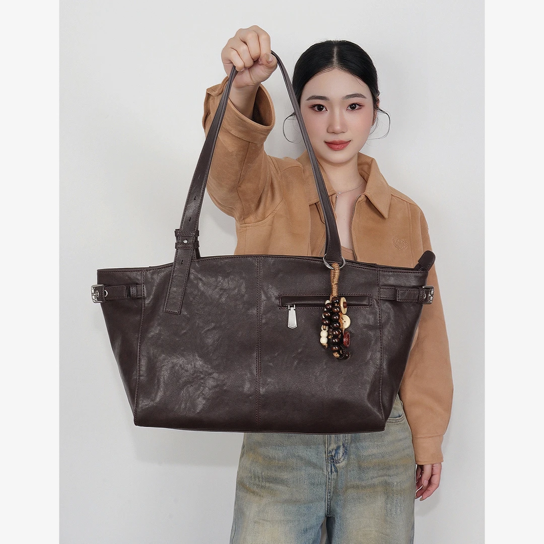 MzHouge植鞣皮大容量托特包2025新款通勤hobo腋下包女复古单肩包