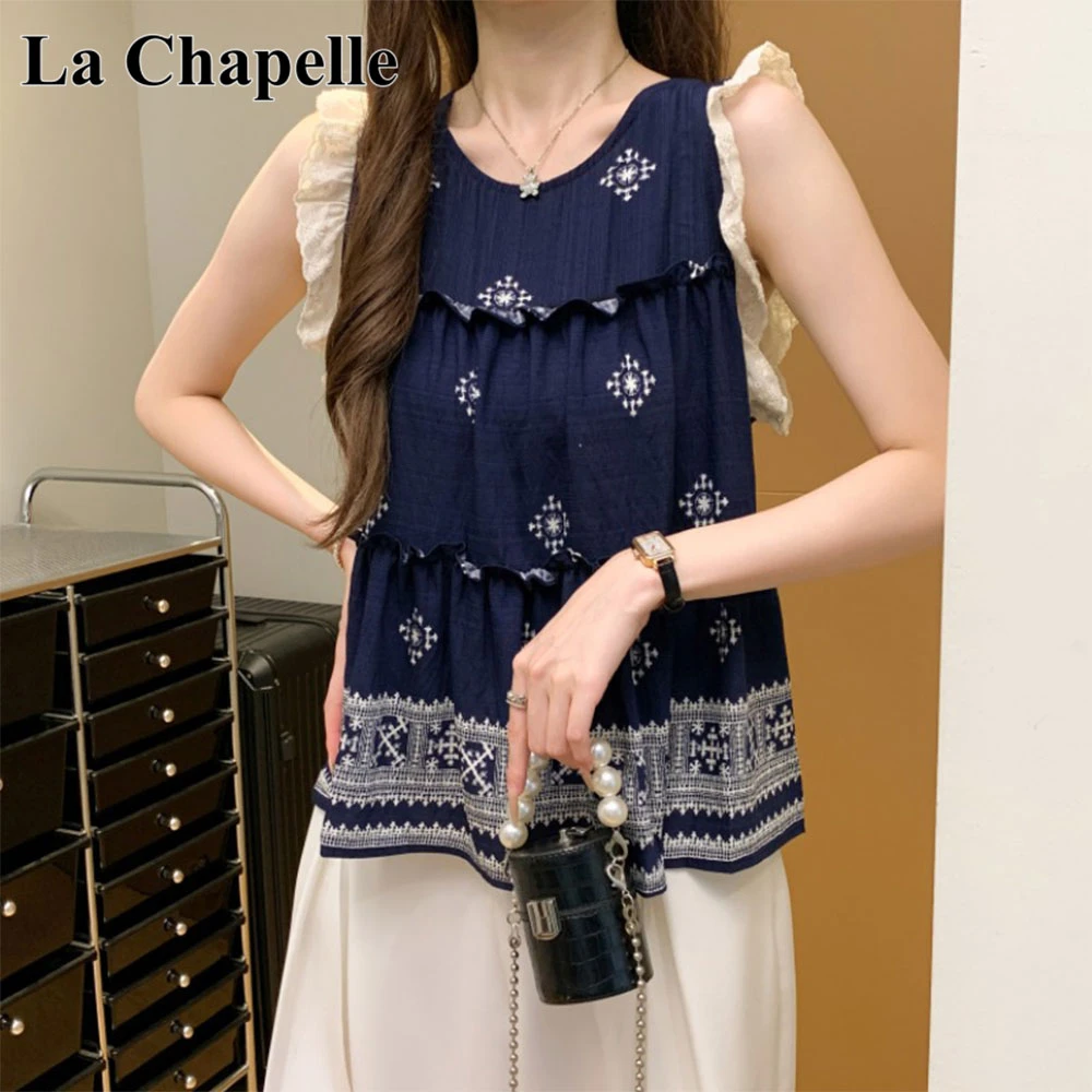 拉夏贝尔民族风刺绣背心国风花边飞飞袖复古宽松显瘦时尚上衣女夏