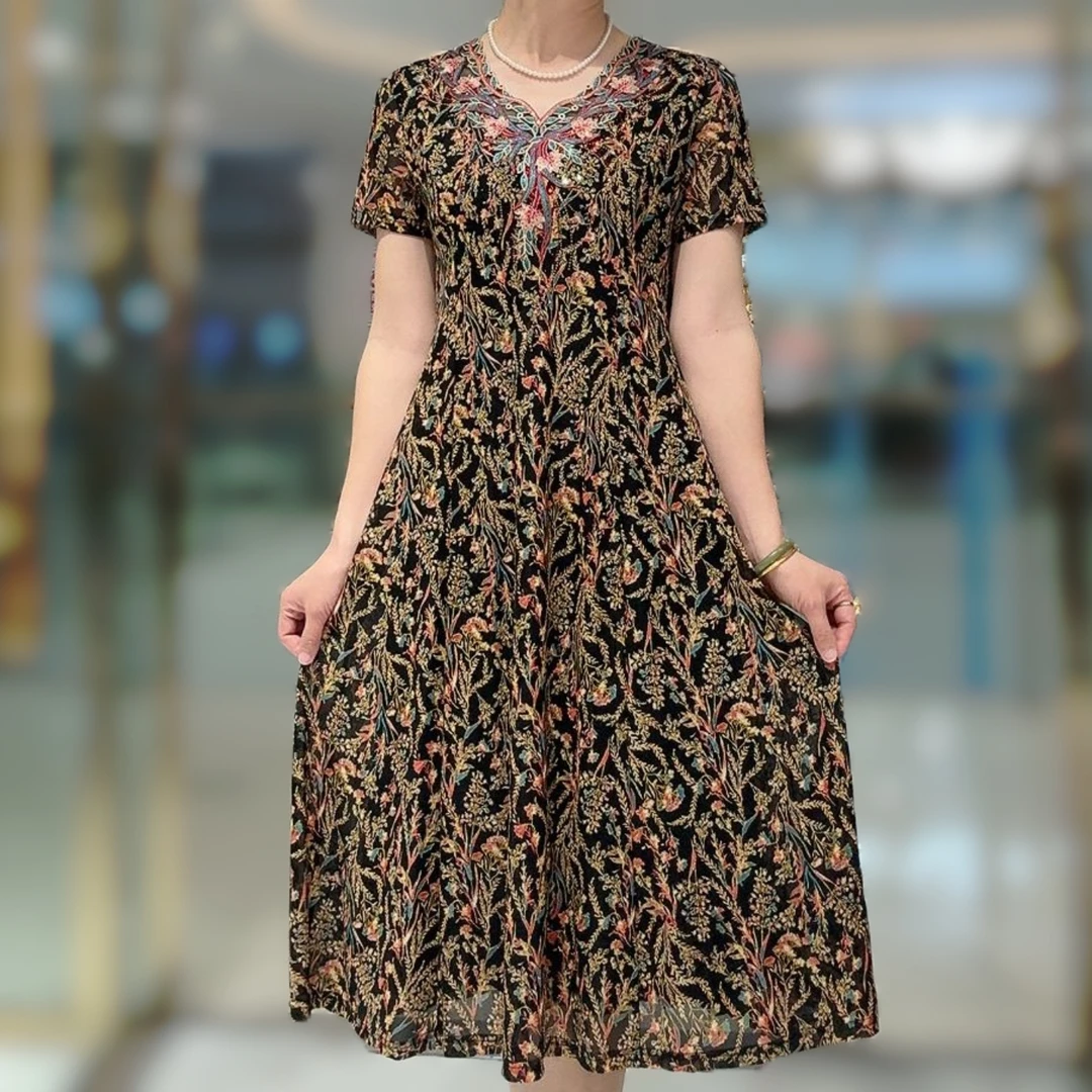 夏季新款短袖碎花连衣裙修身显瘦中老年妈妈洋气时尚优雅气质裙子