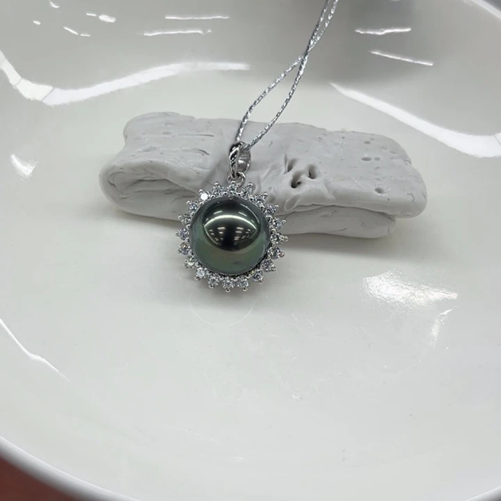银S925镶嵌吊坠(不含链)海水珍珠孔雀绿10-11m10号