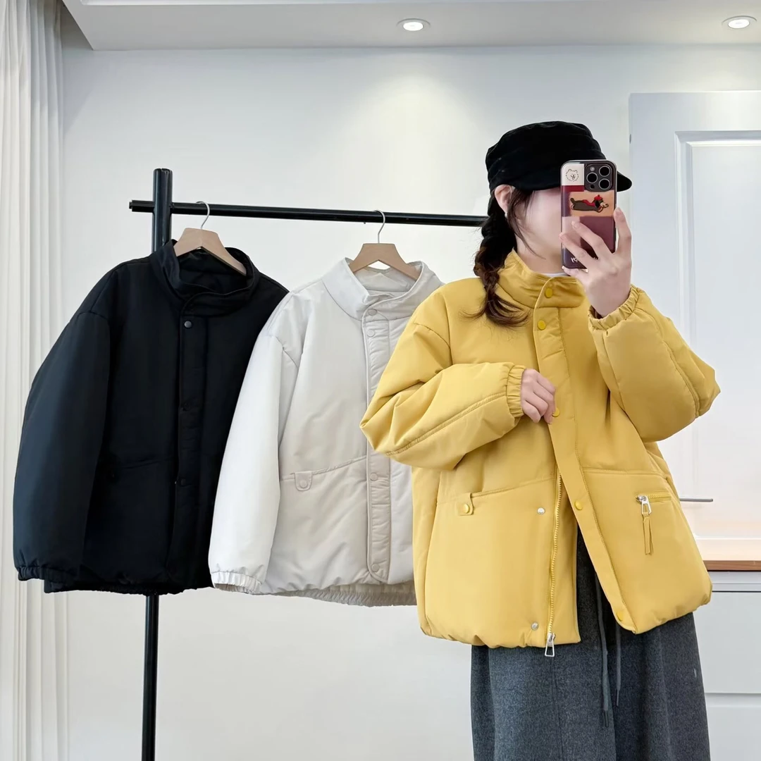 大码胖mm纯色立领加厚棉服冬季新款时尚百搭休闲保暖外套女323
