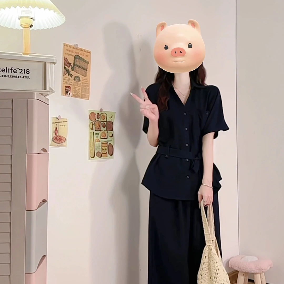 设计感宽松阔腿裤通勤两件套夏季网红高级感气质显瘦绑带衬衫上衣