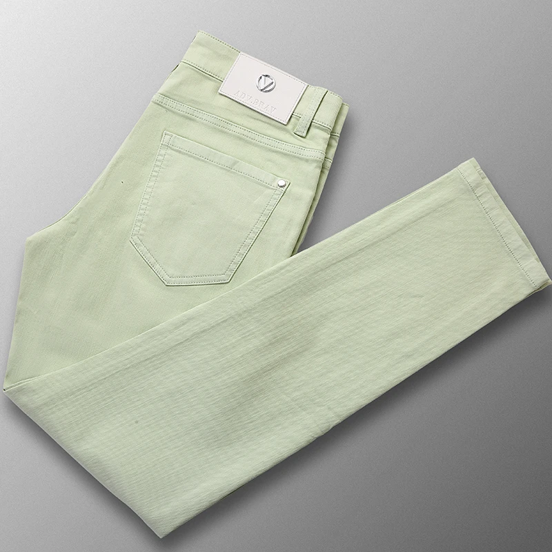 潮牌时尚流行浅绿彩色牛仔裤男士春夏新款简约水洗中腰男裤子高端