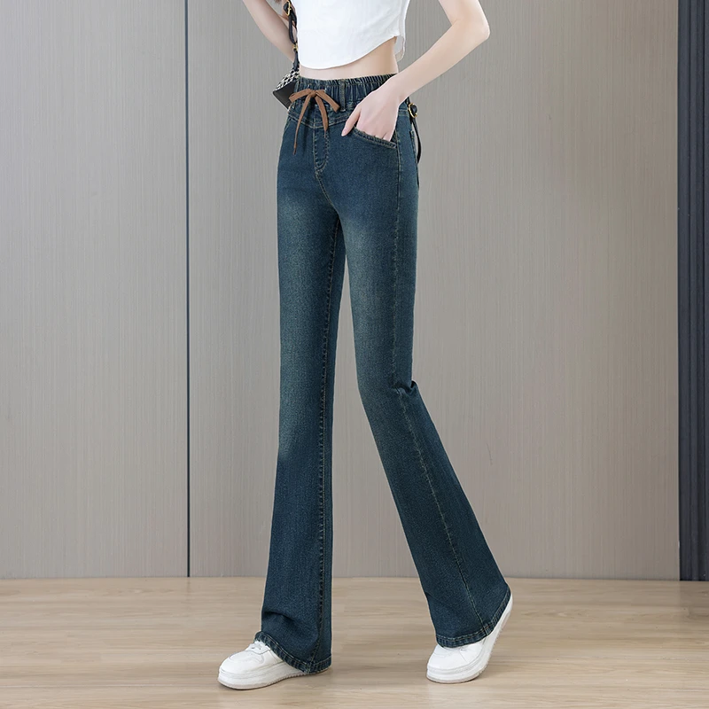 小个子牛仔裤女弹力高腰显瘦松紧腰喇叭裤子春秋大码长裤子微喇叭