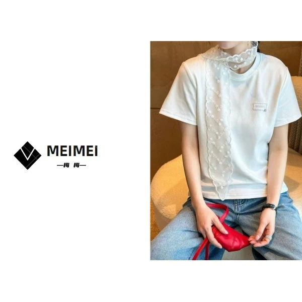 XMM.《蕾丝围巾短袖》春季新款时尚百搭洋气休闲小众短袖T恤-83033