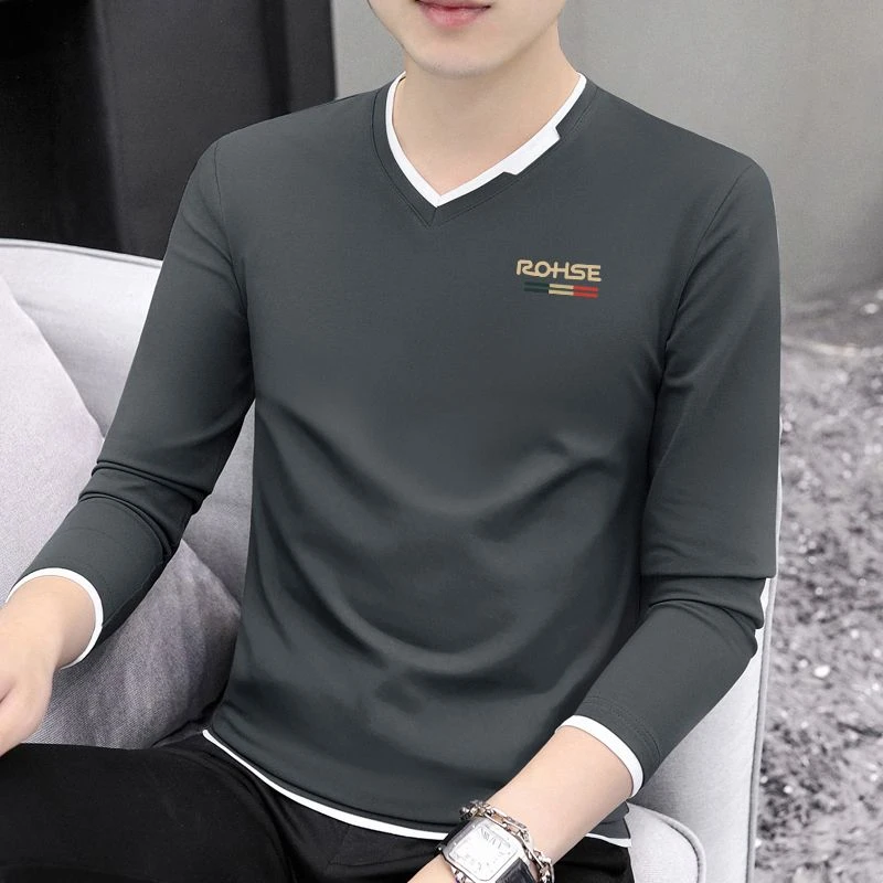 男士T恤长袖潮流春秋男装2025新款打底衣服领体秋装潮流V领男上衣