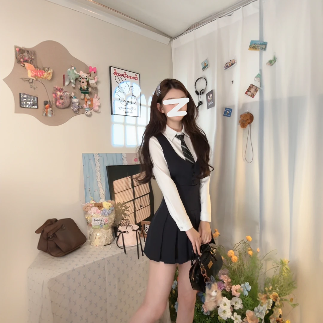 JK制服套装夏季学院风马甲连衣裙减龄修身纯欲背带百褶裙两件套