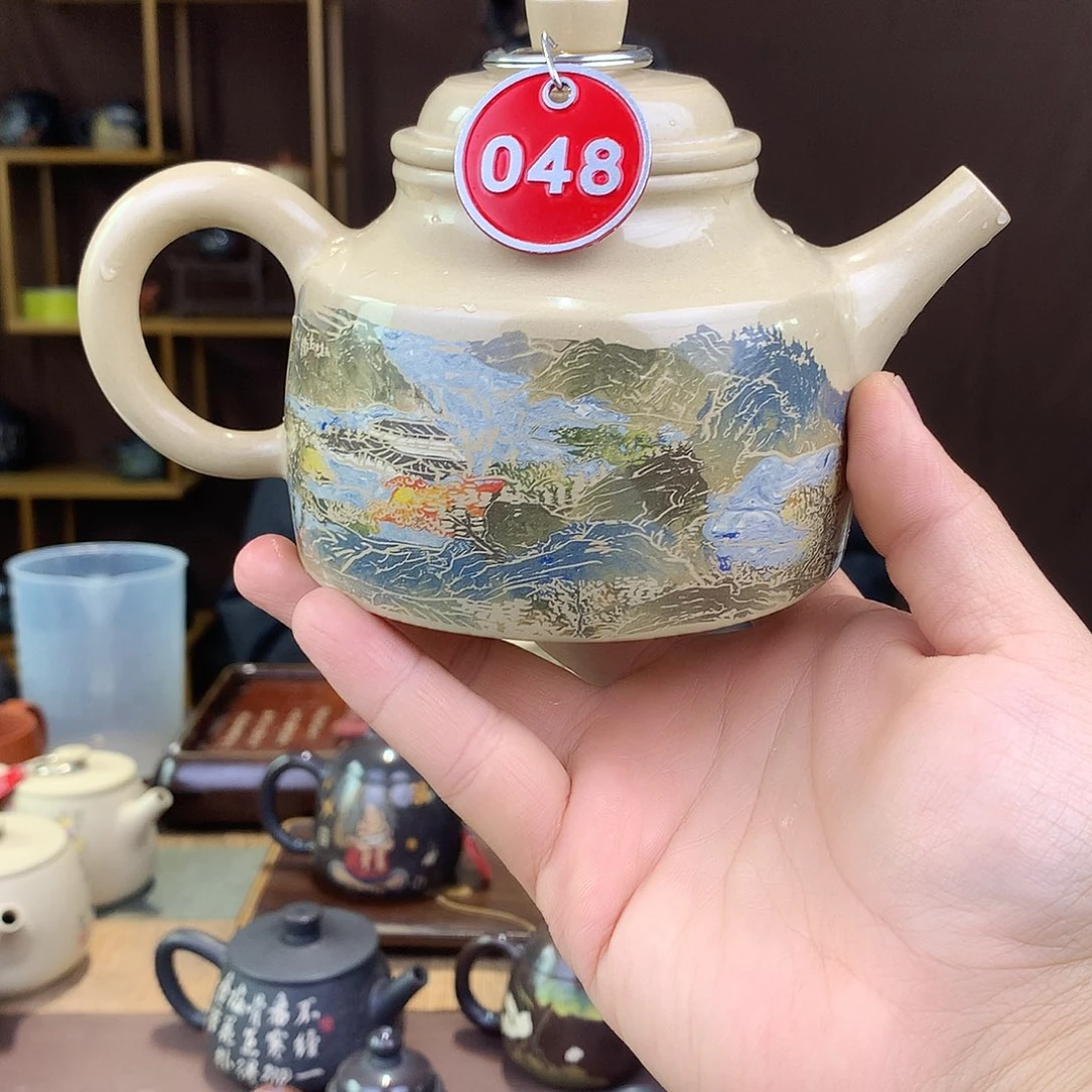 壶建水紫陶白泥通景山水亮光茶壶048