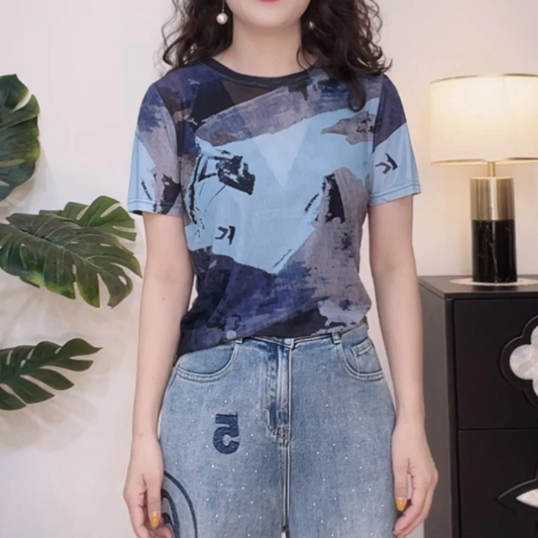 女士夏季扎染网纱短袖T恤百搭修身显瘦印花上衣111