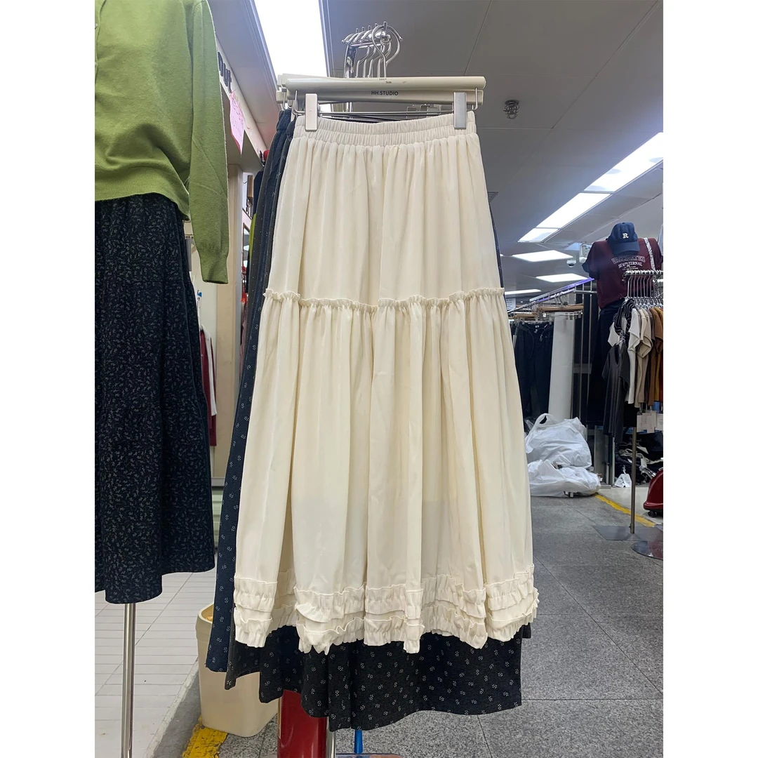 米白色金丝绒半身裙女秋冬温柔风法式加厚木耳边蛋糕裙韩版长裙子