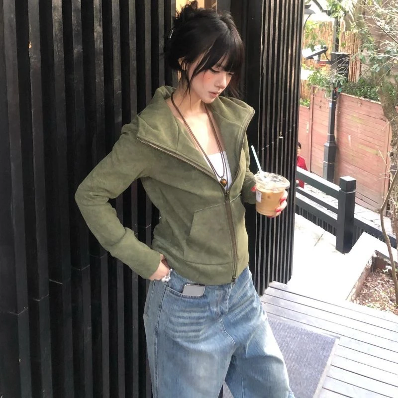 美式复古潮牌短外套女春秋季时尚气质夹克设计感休闲百搭拉链上衣