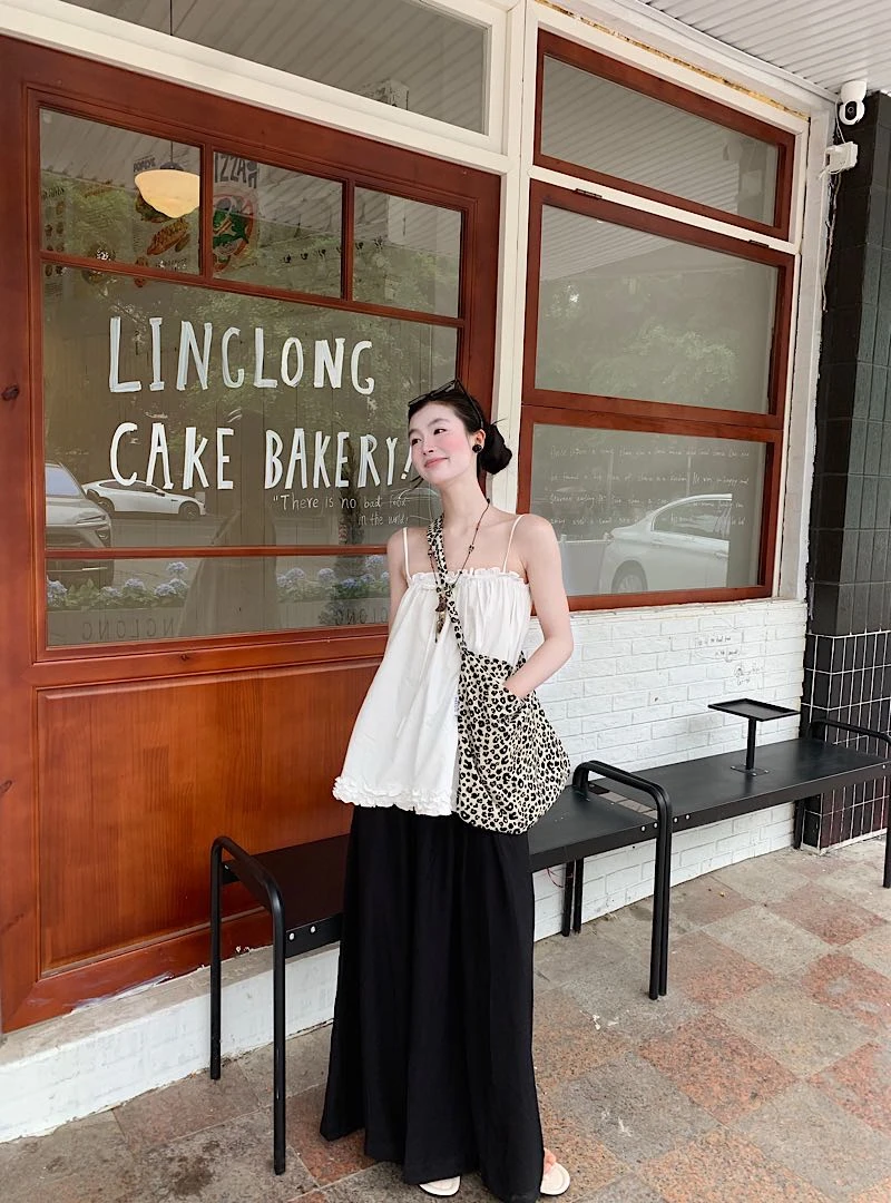 2025夏季新款韩系木耳边吊带背心女细肩带抽绳花边上高腰阔腿裤