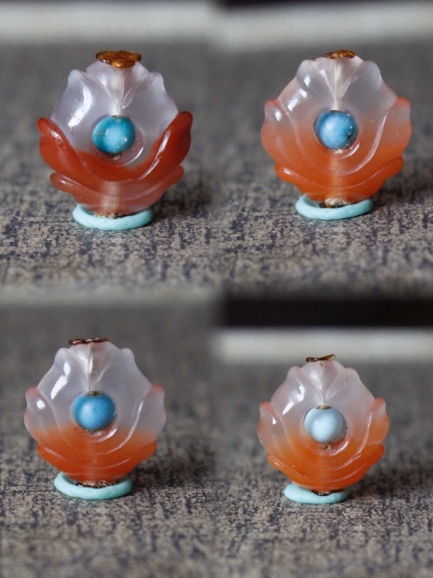 保真南红玛瑙雕刻九转莲花冰飘俏色贝云精工配饰双面立体