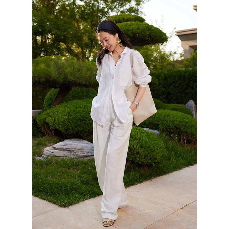 TRACYCHU纯白色混亚麻老钱风地中海白色高腰休闲裤时尚度假炸街风