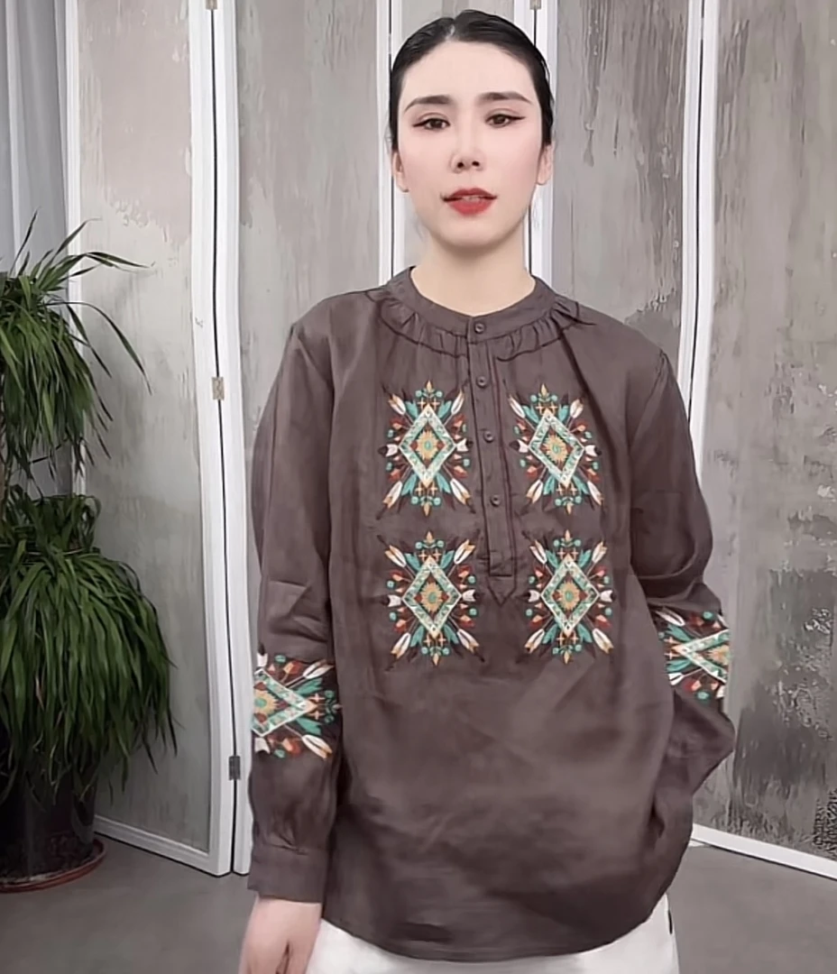 2025民族风亚麻重工刺绣中袖新款复古休闲气质显瘦小衫MKL 8512