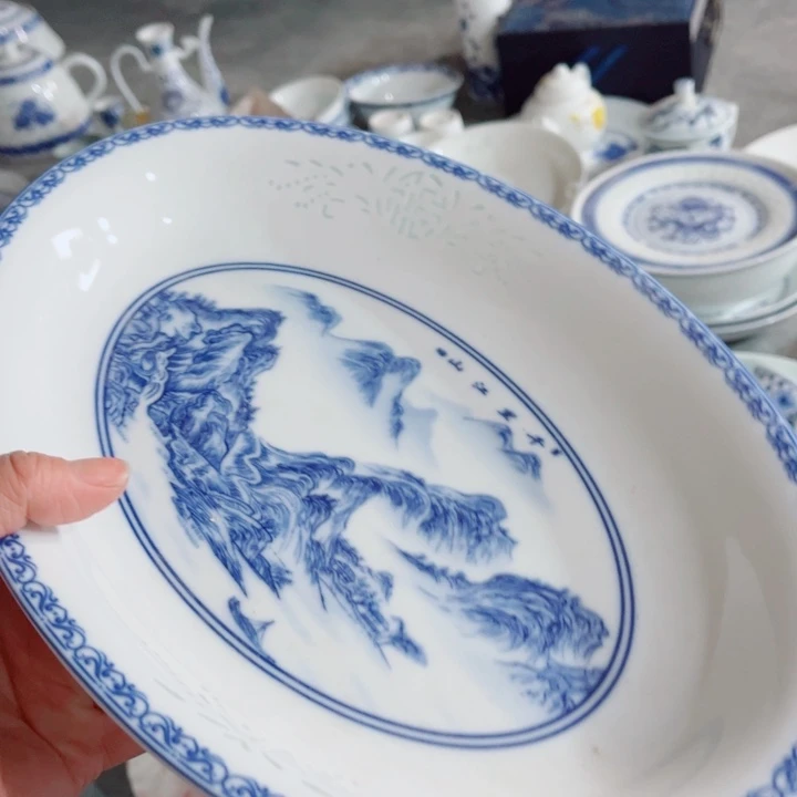 青花玲珑千里江山大鱼盘