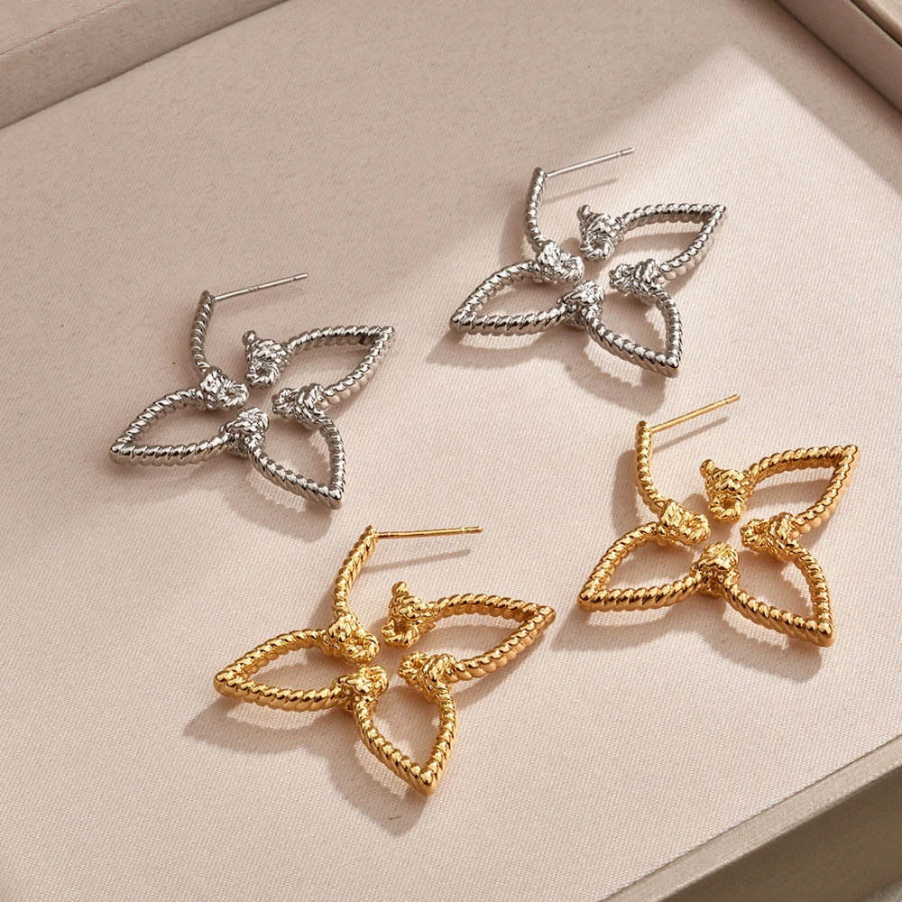 铜合金耳饰 鼎溢时髦气质法式镂空麻花绳结花朵耳钉欧美夸张yh