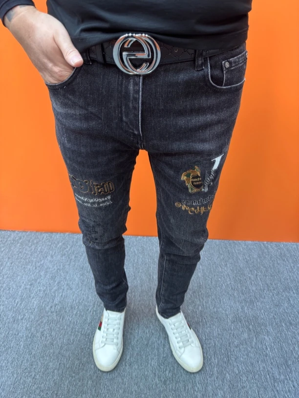 秋冬款牛仔裤刺绣修身牛仔裤厚款百搭时尚加绒牛仔长裤