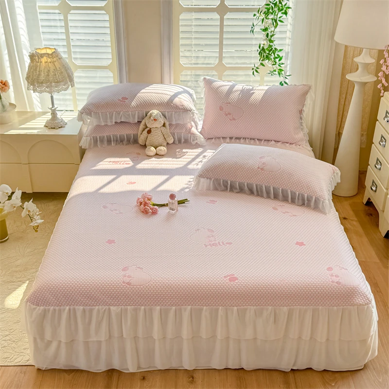 【新款】A类冰豆豆刺绣冰丝软凉席凉爽舒适床裙款三件套可机洗