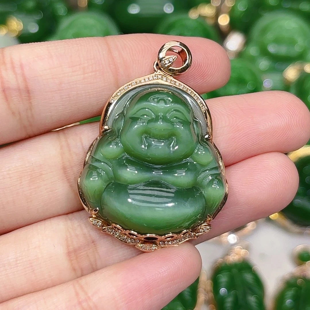 和田玉（碧玉）颈饰18K金镶嵌一线天粉青冰猫佛公30