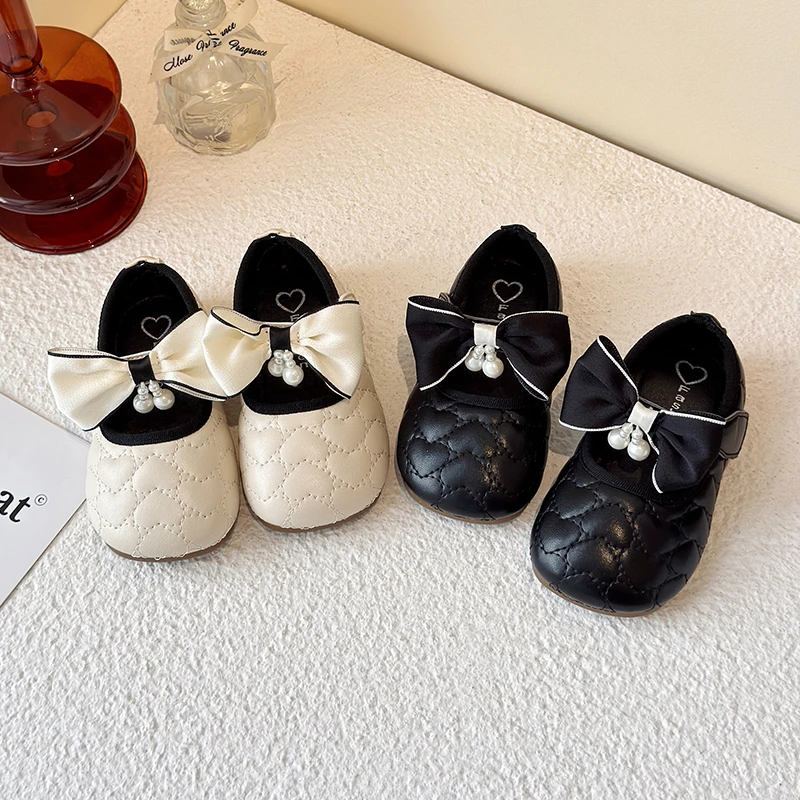 韩版童鞋2025春秋刺绣小香风公主鞋珍珠蝴蝶结名媛单鞋儿童小皮鞋