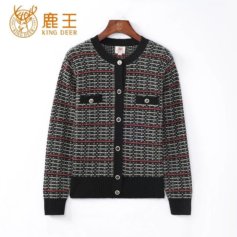 【商场同款】鹿王24女圆领100山羊绒小香风开衫 加厚 912412117