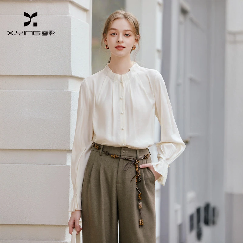 C96C076衬衫 香影白色喇叭袖衬衫女春季新款衬衣正肩通勤法式立领