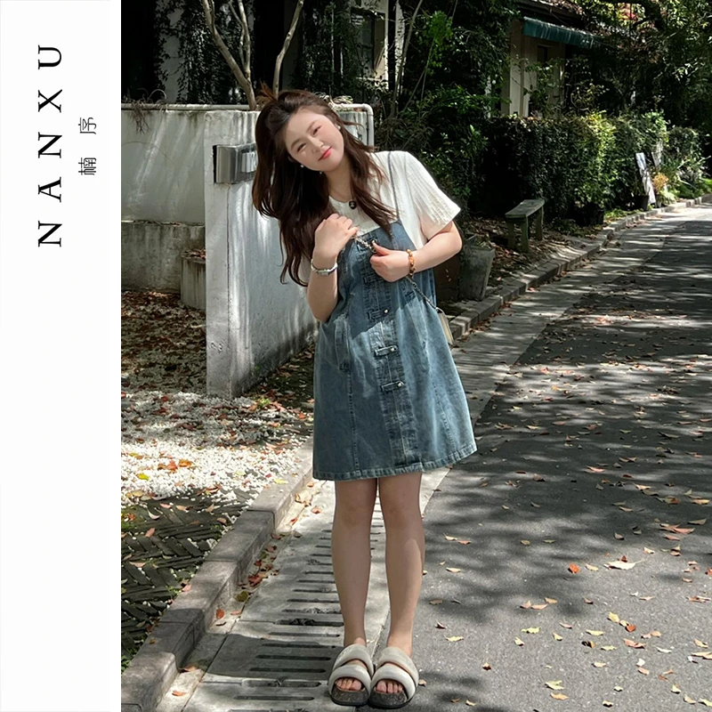 楠序【海瑟薇】魏魏微胖女装 假两件牛仔连衣裙女夏季裙子女YZ36122