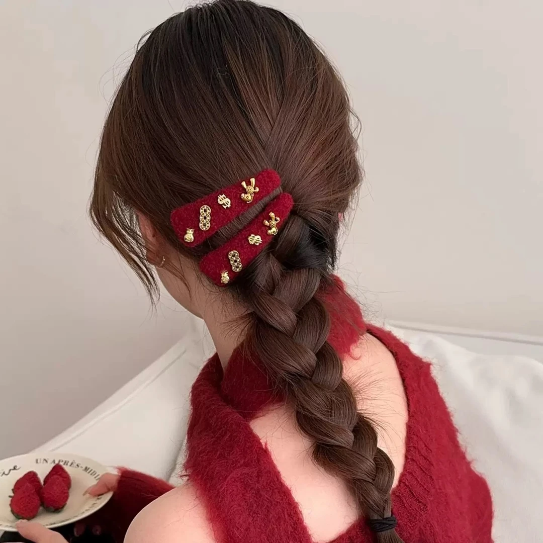 马上有钱花~红色毛呢发夹新年氛围感刘海夹BB夹发卡碎发夹子发饰